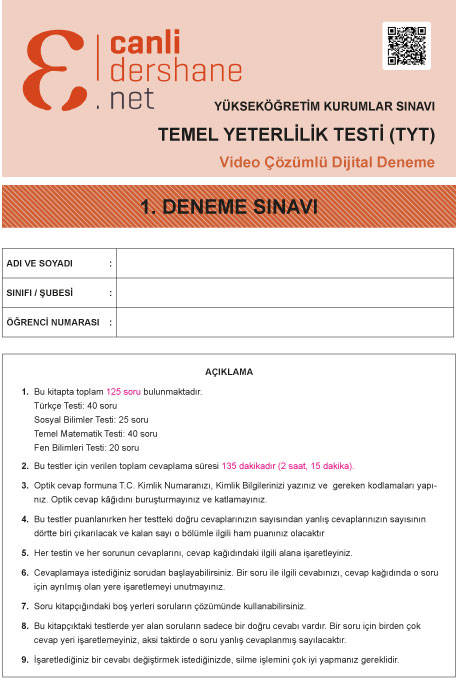 1 Alana 1 Bedava  - Tamamı Video Çözümlü Tyt Türkiye Geneli Deneme